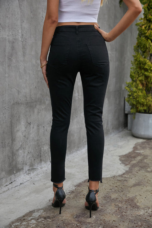 Plain High Waist Buttons Frayed Cropped Denim Jeans